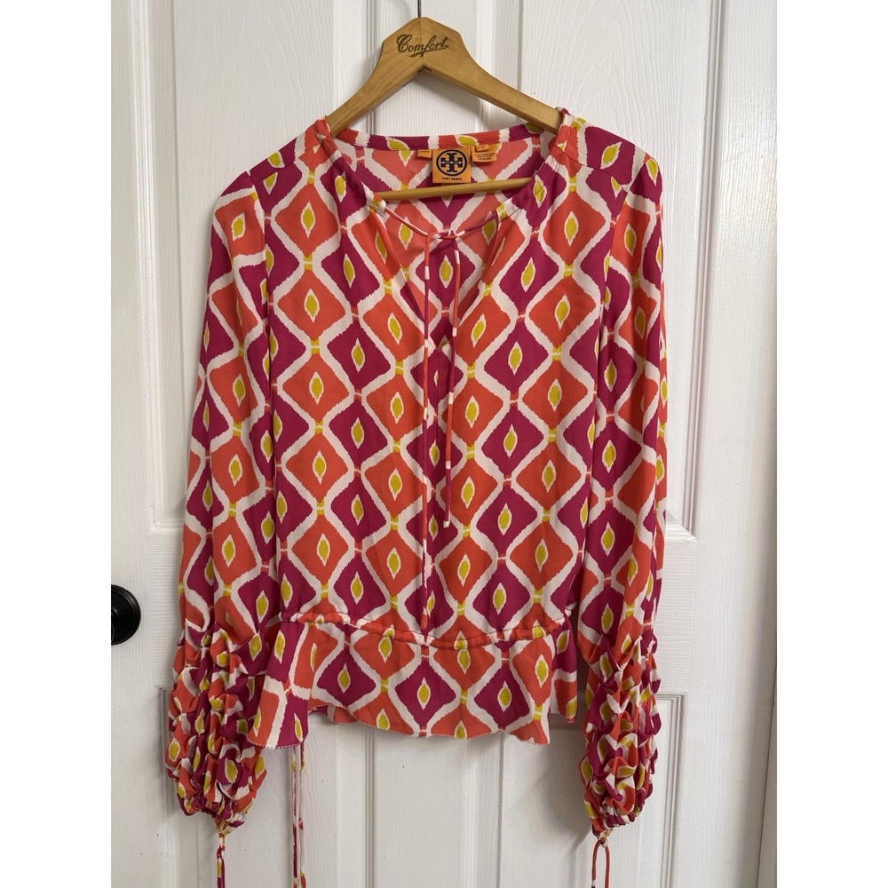 Tory Burch 100% Silk Blouse Pink Geometric Ikat Cinched Tie Cuff Sleeve Womens 6